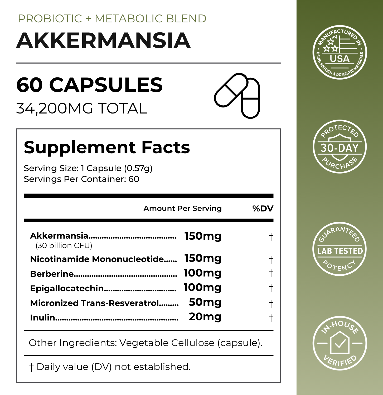 Supplement Facts for Akkermansia Probiotic. Full amounts are transcribed above.
