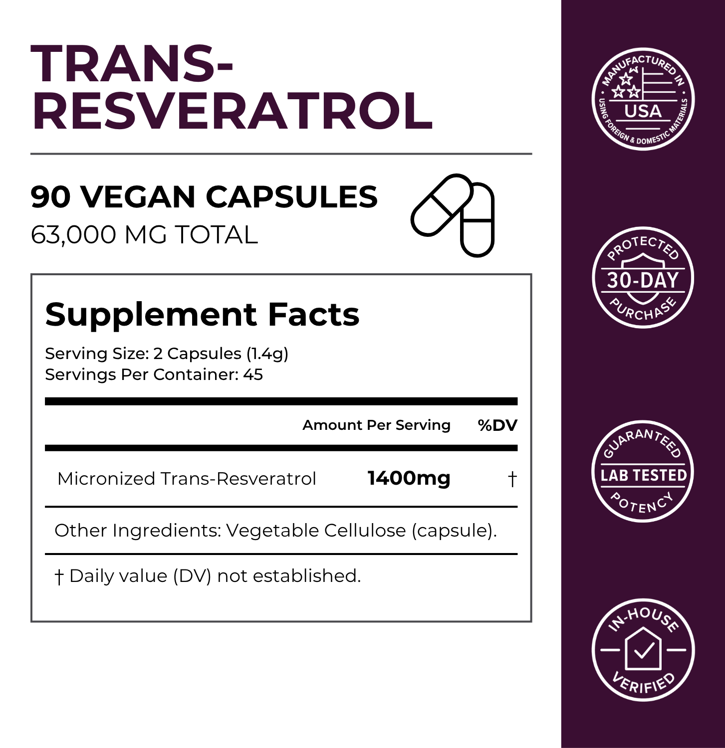 Supplement Facts for Resveratrol Capsules. Full amounts are transcribed above.