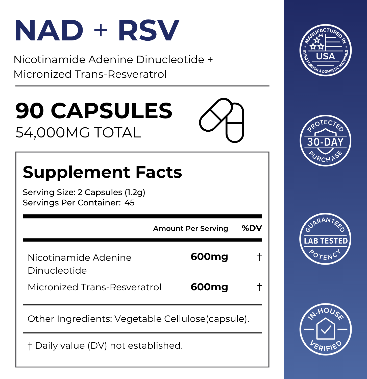 Supplement Facts for NAD + Resveratrol Capsules. Full amounts are transcribed above.