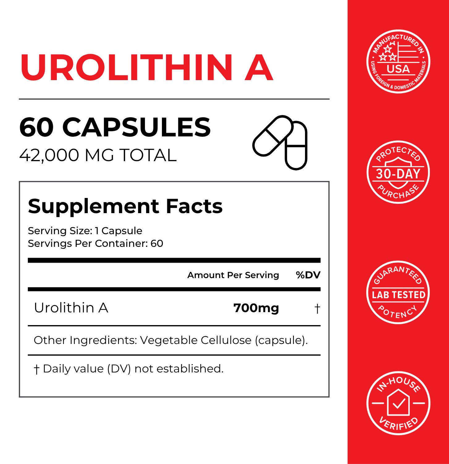 Supplement Facts for Urolithin A Capsules. Full amounts are transcribed above.