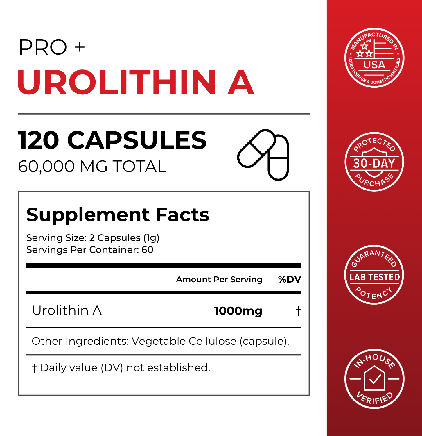 Supplement Facts for Urolithin A Pro Capsules. Full amounts are transcribed above.